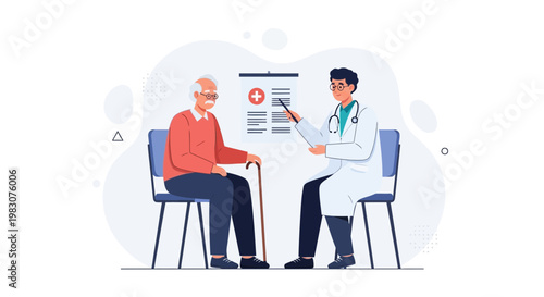 Doctor consulting with elderly patient, pointing at medical chart, healthcare concept