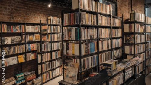 Interior shot of a brick-walled bookstore filled with bookshelves and various book s