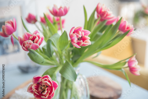 A beautiful, lush bouquet of tulips in an interior