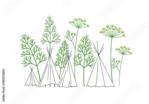 Illustration of teepees and various plants in a scenic landscape setting