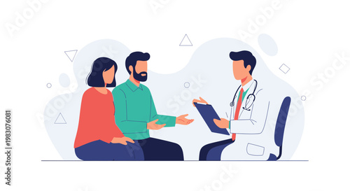 Doctor Consults Couple About Health, Medical Appointment, Family Healthcare Discussion