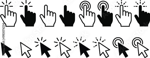 Mouse cursor and click icon set. Hand pointer and arrow cursor symbols for tap, click and double click actions. Vector illustration of UI UX interaction icons in outline and solid style