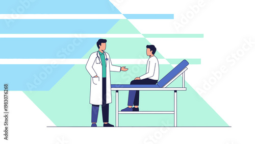 Doctor consulting patient on medical examination table, healthcare concept