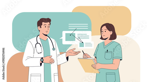 Doctor and nurse discussing medical information with charts and graphs