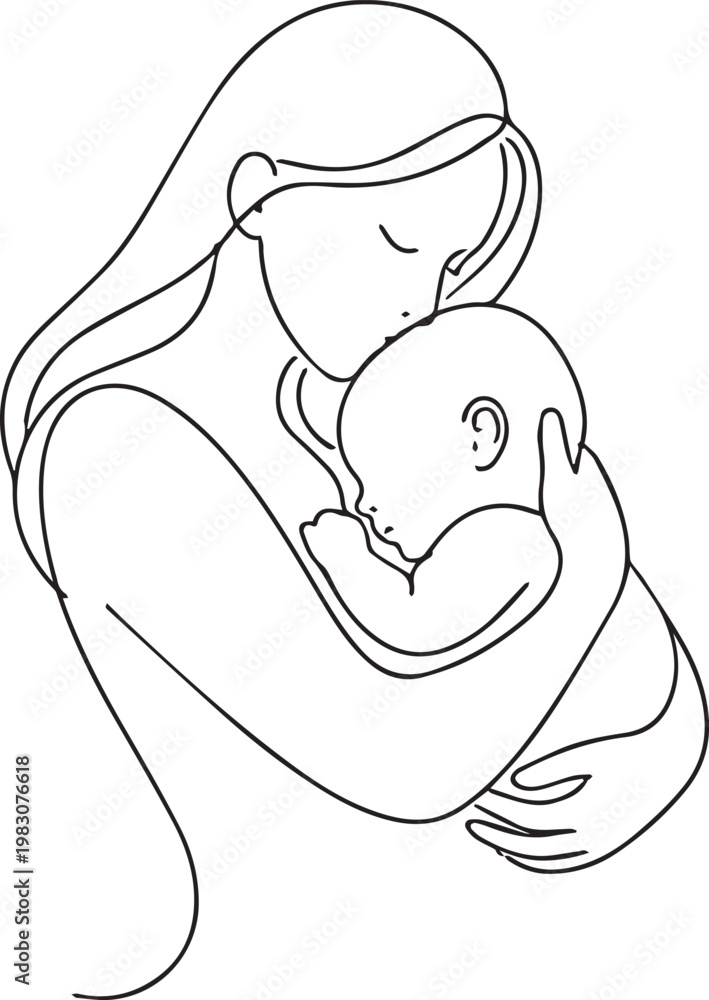 Obraz premium Mother Gently Holding and Comforting Her Newborn Baby Profile Line Art