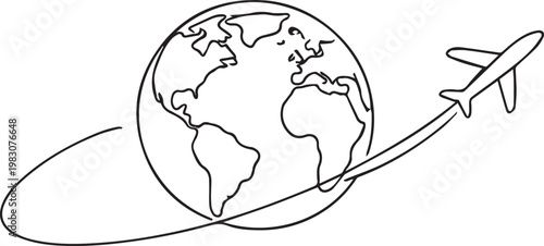 Globe with Airplane Flying Around the World International Travel Line Art