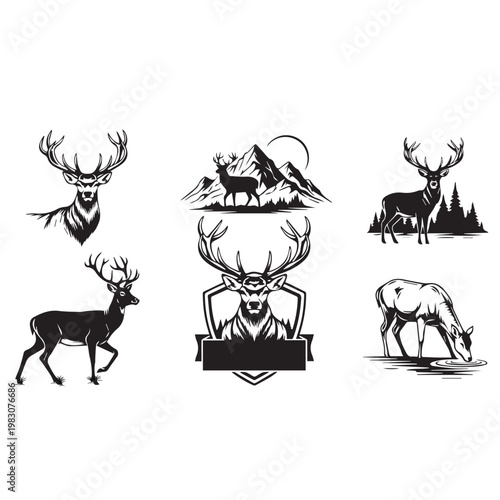 Deer Majestic Stag and Bull Elk Nature Vector Bundle with Snowy Mountain Crest and Shield