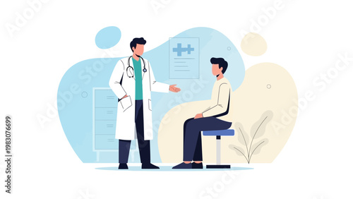 Doctor consulting patient in clinic, medical checkup, healthcare concept, flat illustration