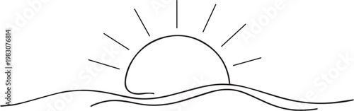 Serene Sunrise over Gentle Ocean Waves Landscape Line Art