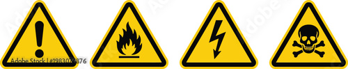 Caution and warning icon set. Hazard, danger, fire, high voltage and skull symbols. Vector illustration of safety signs for risk, flammable materials and industrial warning