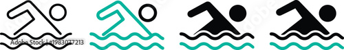 Swimming icon set. Swimmer pictograms with water waves in line and flat style. Vector illustration of freestyle swim symbols for pool, sport, safety signage and aquatic fitness design