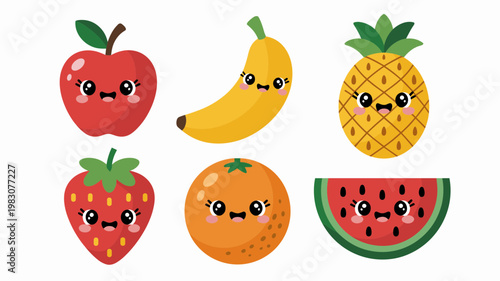 Cute Kawaii Fruit Vector Set Apple, Banana, Pineapple, Strawberry, Orange and Watermelon