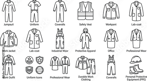 Flat design vector illustration of various professional and safety workwear uniforms