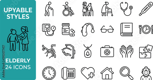 Elderly care icons set, flat design vector illustration for healthcare and accessibility