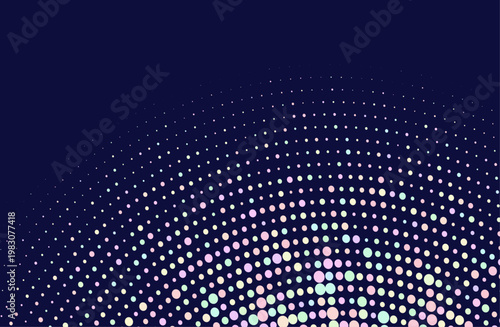 多彩なドットが半球状に広がるデータや宇宙を連想させる抽象的な粒子構造の未来的ビジュアル背景