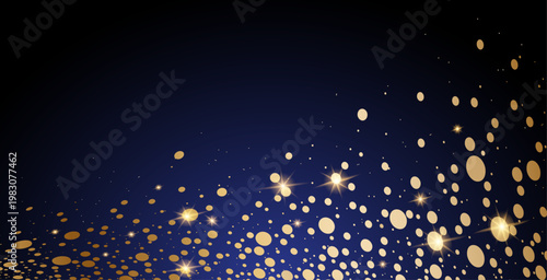 深いネイビーブルーに輝くゴールドの光粒と星が流れる幻想的で高級感のある抽象背景デザイン
