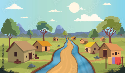 Peaceful Rural Village Landscape Illustration with River and Mountains