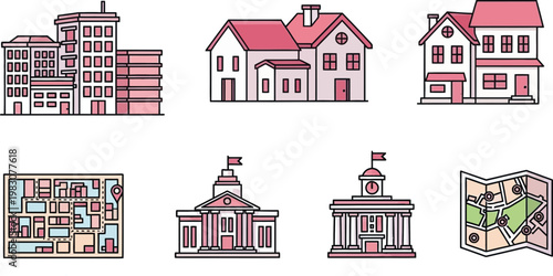 Real Estate And Urban City Planning Flat Line Vector Icon Set