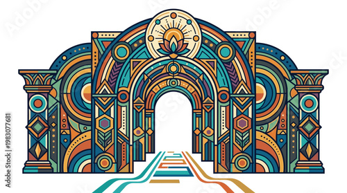 Vibrant colorful ornate archway entrance gate.