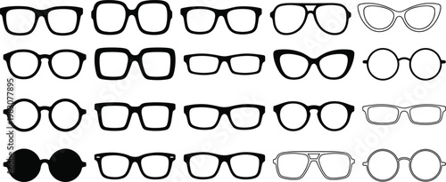 Glasses icon set. Sunglasses and eyeglasses collection in silhouette style. Vector illustration of eyewear models in various shapes isolated on white background for fashion design
