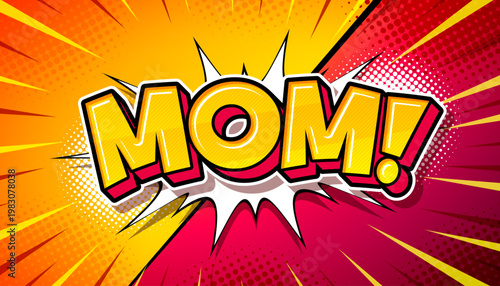 Mother's Day Banner or Postcard with Comic Style Mom Typography Lettering on Cartoon Movie Background. Vector Superhero Mother Celebration Design with Symbol of Love for Greeting Card, Flyer