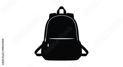 A simple black backpack design is prominently displayed as a dark silhouette
