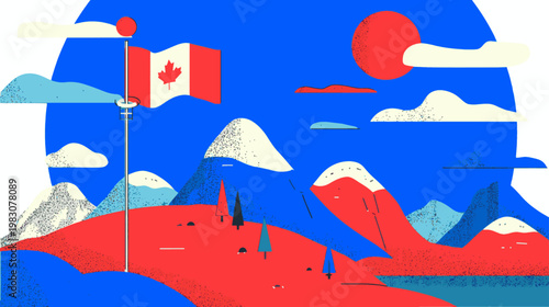 Modern Canada Day mountain landscape with waving flag, geometric flat vector illustration perfect for posters, travel branding, and national celebration designs