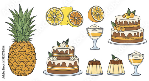 Delicious Sweet Dessert Collection with Fruits, Cakes, Puddings Vector Illustration