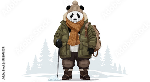 Winter Adventure Panda with Warm Clothing, Hiking Stick and Backpack