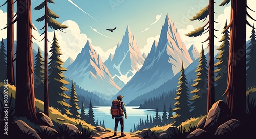 hiker standing on mountain trail overlooking serene lake and majestic mountains