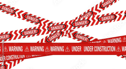 Interlocking red and white striped tapes with danger, warning, and under construction labels symbolizing caution and restricted access for safety