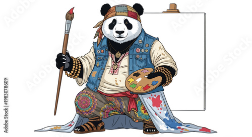 Panda Artist Crouching and Painting on a Canvas in Street Art Style