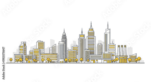 Modern city skyline with yellow accents and trees