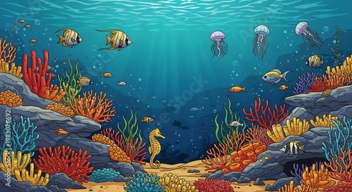 Vibrant underwater scene with jellyfish and fish in coral reef