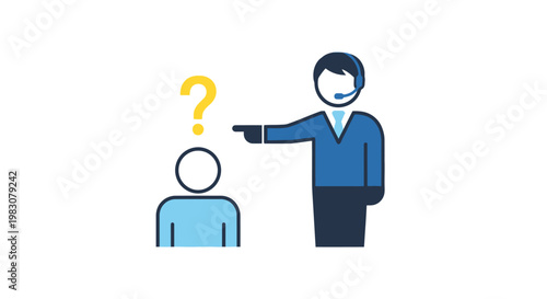 Customer Service Representative Points Finger at Confused Person.