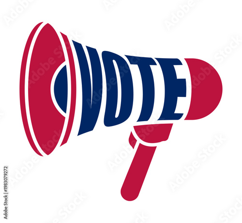 Element of an advertising campaign design, a megaphone loudspeaker with a campaign message calling for people to vote. Vector isolated on white background