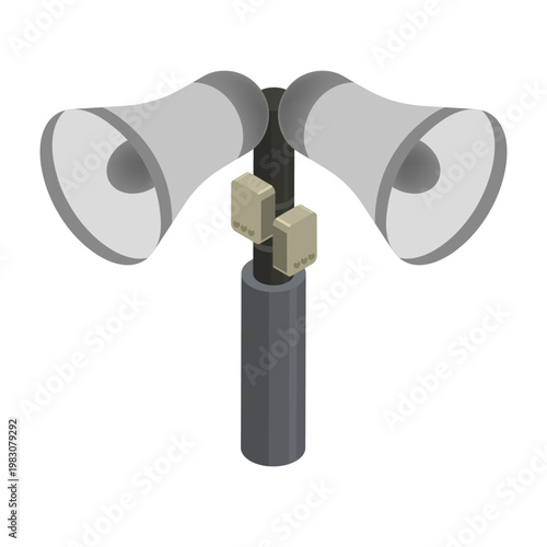 Isometric pair of public address system loudspeakers mounted on a pole for emergency situations. Cartoon 3D vector on blue background