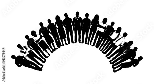 Diverse group of people standing in a semicircle formation.
