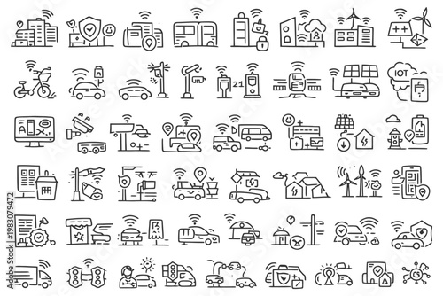 Smart city icons depicting technology and connectivity in urban environments.