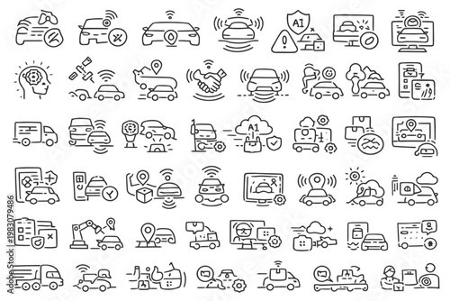 Autonomous transportation and smart vehicles icons with ai integration.