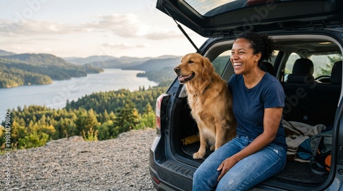 Happy Black woman and her golden retriever sitting in car trunk at scenic lake overlook