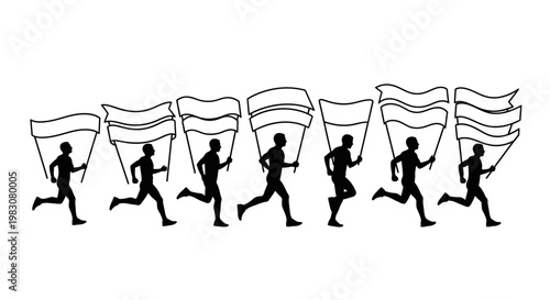 Silhouettes of people running with flags in a line.
