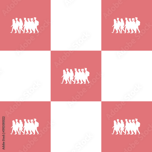 Minimalist Pink and White Checkerboard Pattern with People Silhouettes