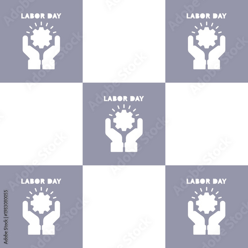 Labor Day graphic with hands holding a gear on checkered pattern