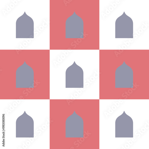 Minimalist Islamic Arch Pattern on Pink and White Checkered Background
