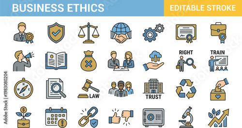 Business ethics concepts illustrated with flat design vector icons and iconset
