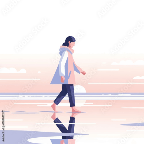 Woman walking on beach at sunset.