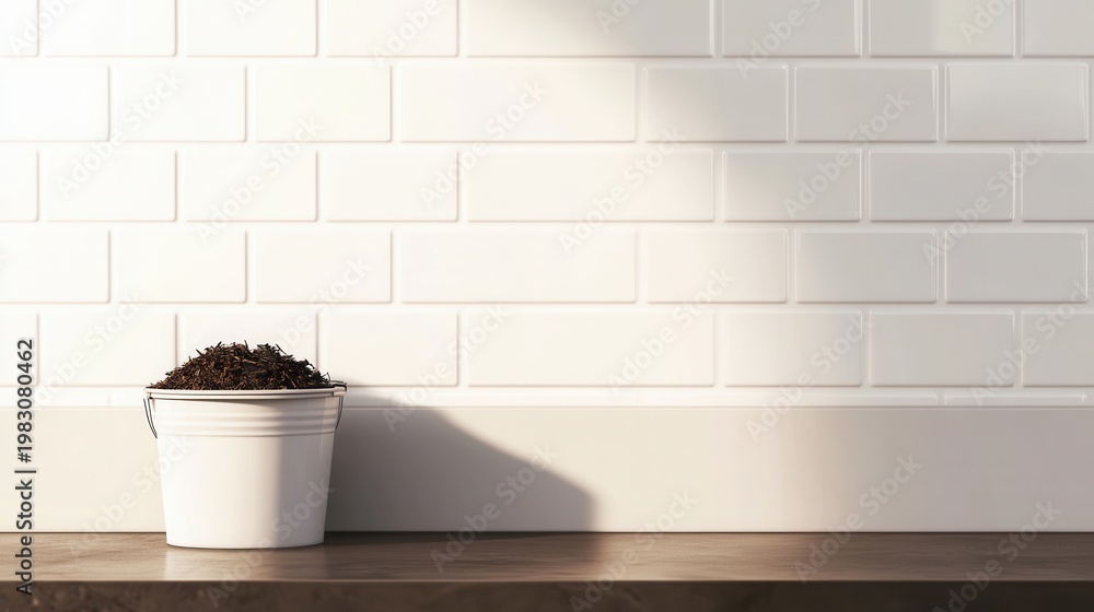 Fototapeta premium compost bucket on counter with soil, bright minimalist kitchen with white subway tile backdrop, wooden surface and soft morning light, ample copy space for text, indoor gardening and sustainable