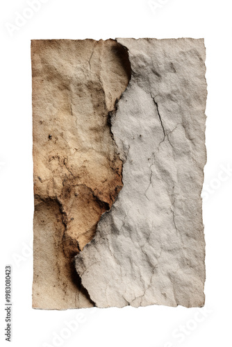 Torn, aged paper reveals contrast. One side browned, other light with cracks. Textured