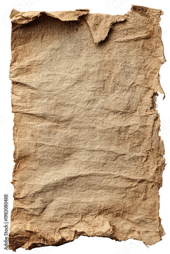 Torn, aged parchment paper with rough edges and wrinkles against a black background